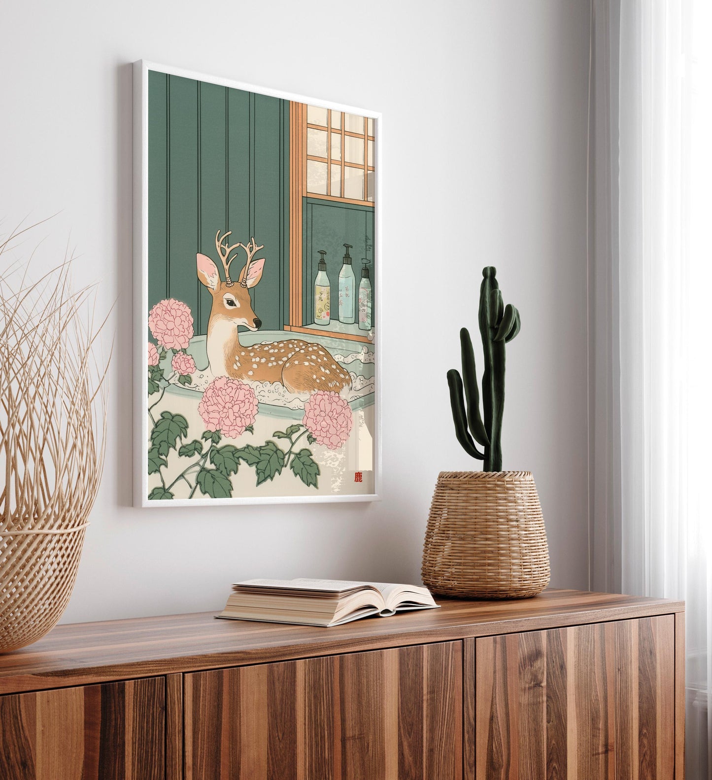 Deer in Bathtub Ukiyo-e Print: Japandi Bathroom Wall Art