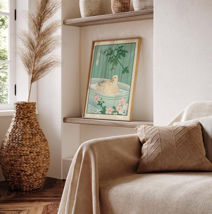 Duck in Bathtub Wall Art: Ukiyo-e Japanese Bathroom Print