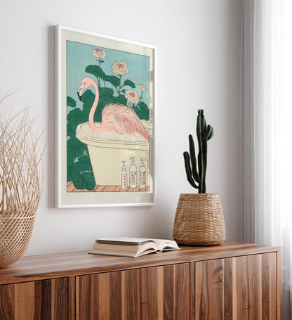 Japanese Flamingo Art Print: Ukiyo-e Bathroom Decor