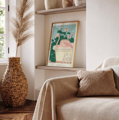 Japanese Flamingo Art Print: Ukiyo-e Bathroom Decor