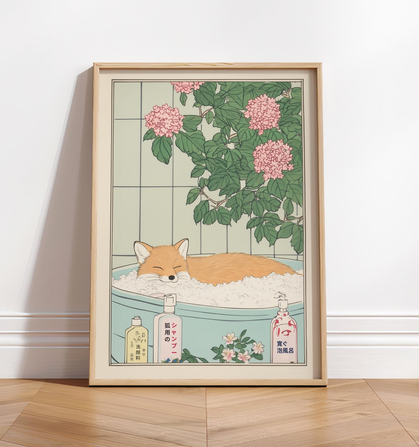 Fox in Bathtub Art Print: Japanese Ukiyo-e Style Bathroom Decor