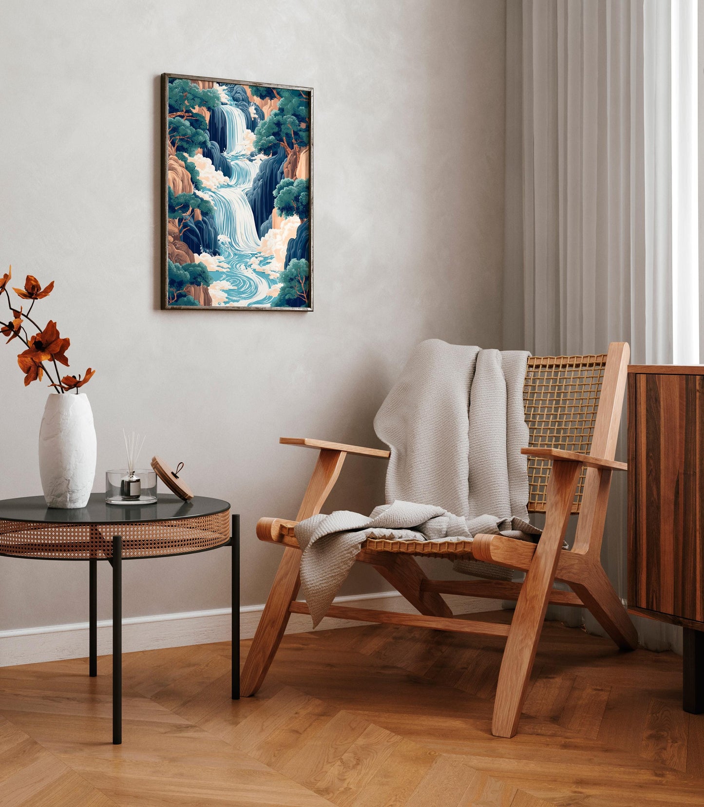 Hokusai Ukiyo-e Japanese waterfall wall art, Landscape poster, Blue green print, Japandi home decor