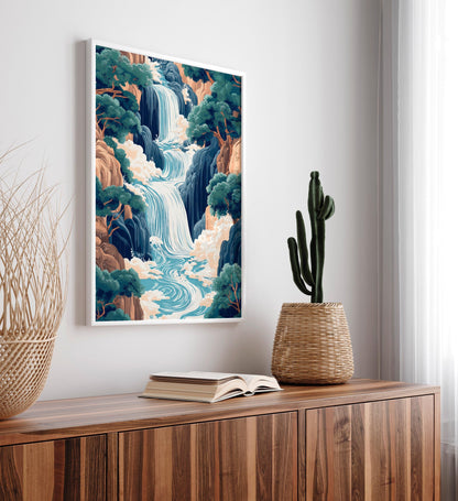 Hokusai Ukiyo-e Japanese waterfall wall art, Landscape poster, Blue green print, Japandi home decor
