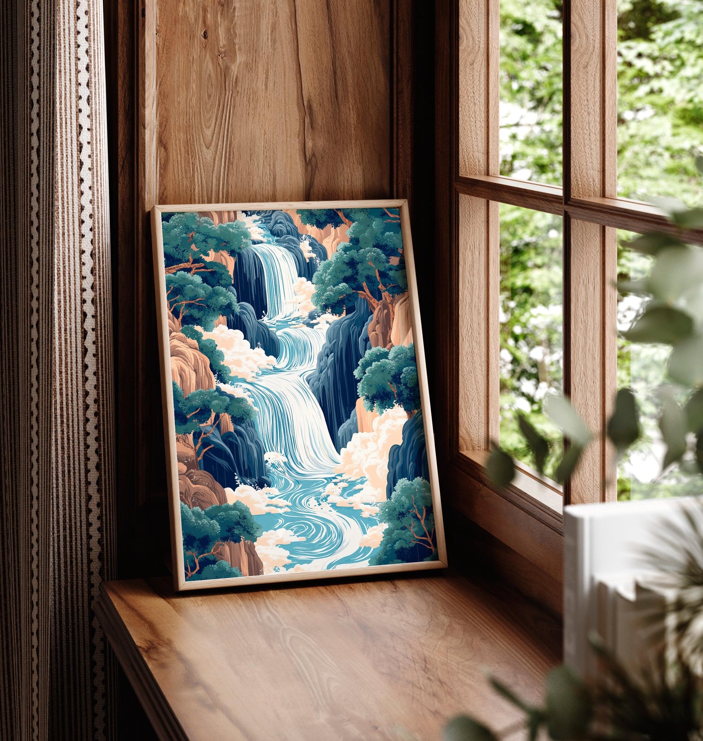 Hokusai Ukiyo-e Japanese waterfall wall art, Landscape poster, Blue green print, Japandi home decor