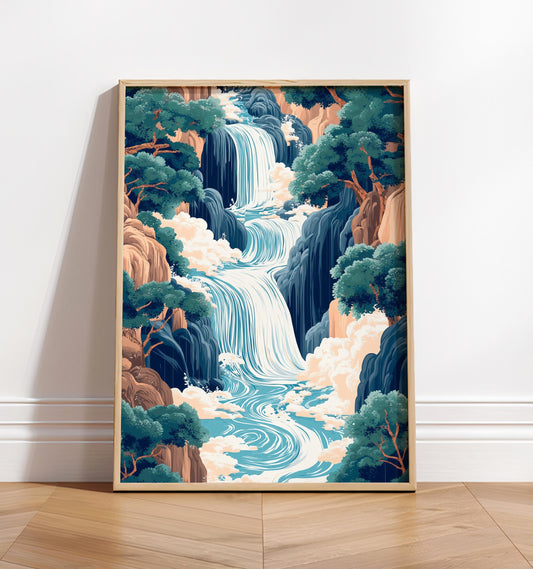 Hokusai Ukiyo-e Japanese waterfall wall art, Landscape poster, Blue green print, Japandi home decor