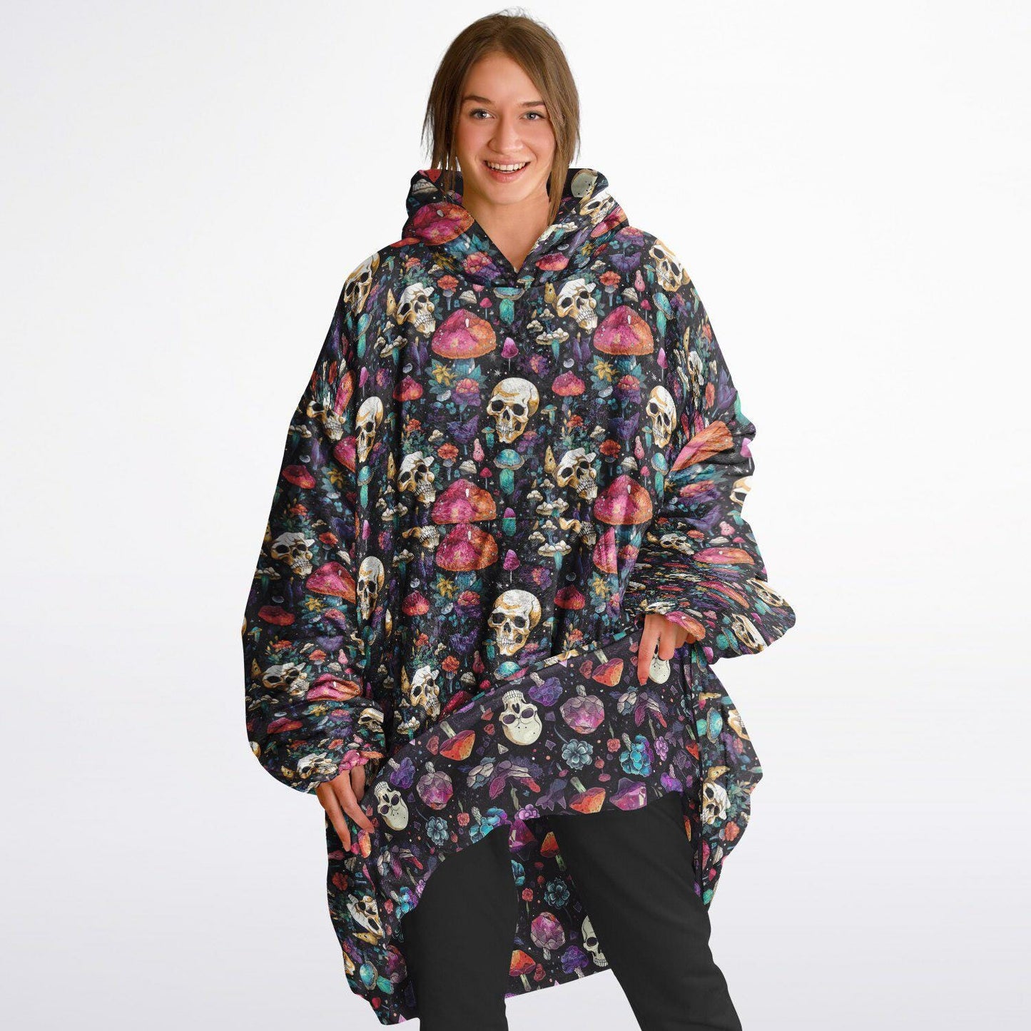 Psychedelic Trippy Horror Halloween Reversible Snug Hoodie,All Over Print Skulls Pullover Hooded Blanket Sleeves,Lounge Wear,Christmas Gift