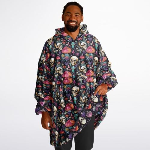 Psychedelic Trippy Horror Halloween Reversible Snug Hoodie,All Over Print Skulls Pullover Hooded Blanket Sleeves,Lounge Wear,Christmas Gift