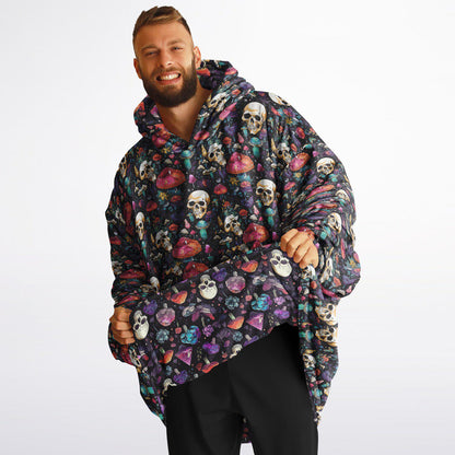 Psychedelic Trippy Horror Halloween Reversible Snug Hoodie,All Over Print Skulls Pullover Hooded Blanket Sleeves,Lounge Wear,Christmas Gift
