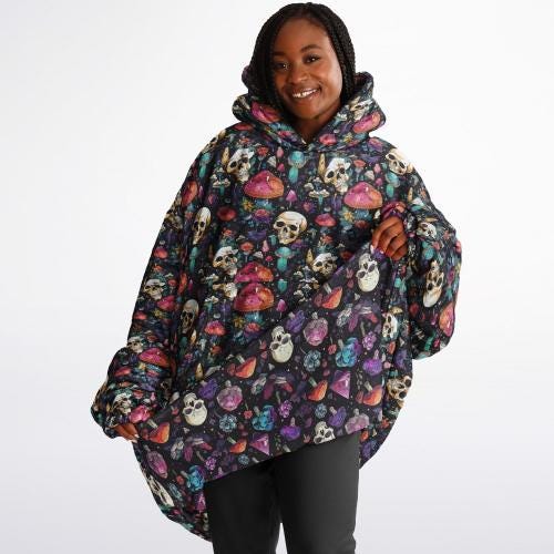 Psychedelic Trippy Horror Halloween Purple Skulls Reversible Snug Hoodie,All Over Print Pullover Hooded Blanket Sleeves,Fun Halloween Gift