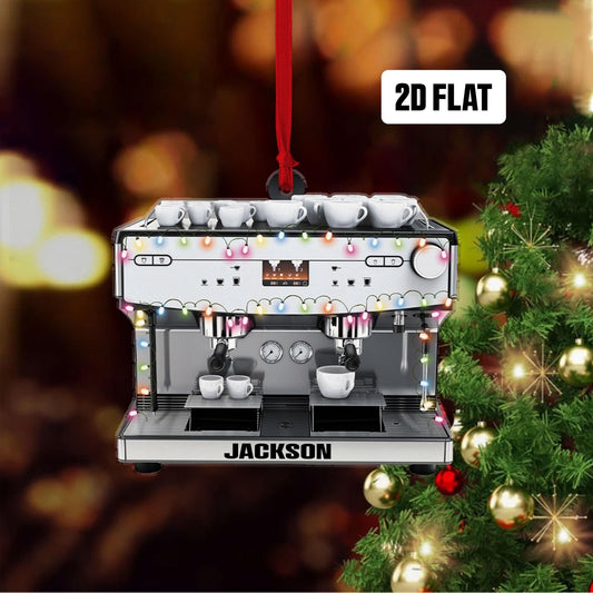 Personalized Coffee Machine 2D Flat Ornament, Custom Name Christmas Tree Ornament, Barista Christmas Ornament, Gift for Coffee Lover