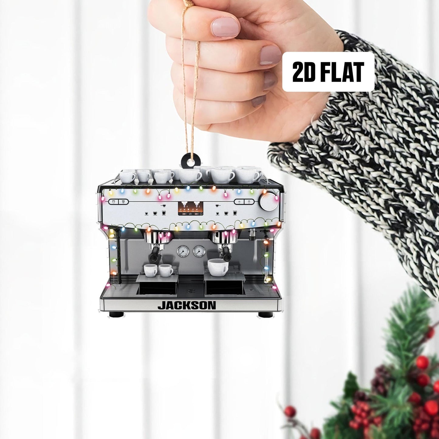 Personalized Coffee Machine 2D Flat Ornament, Custom Name Christmas Tree Ornament, Barista Christmas Ornament, Gift for Coffee Lover