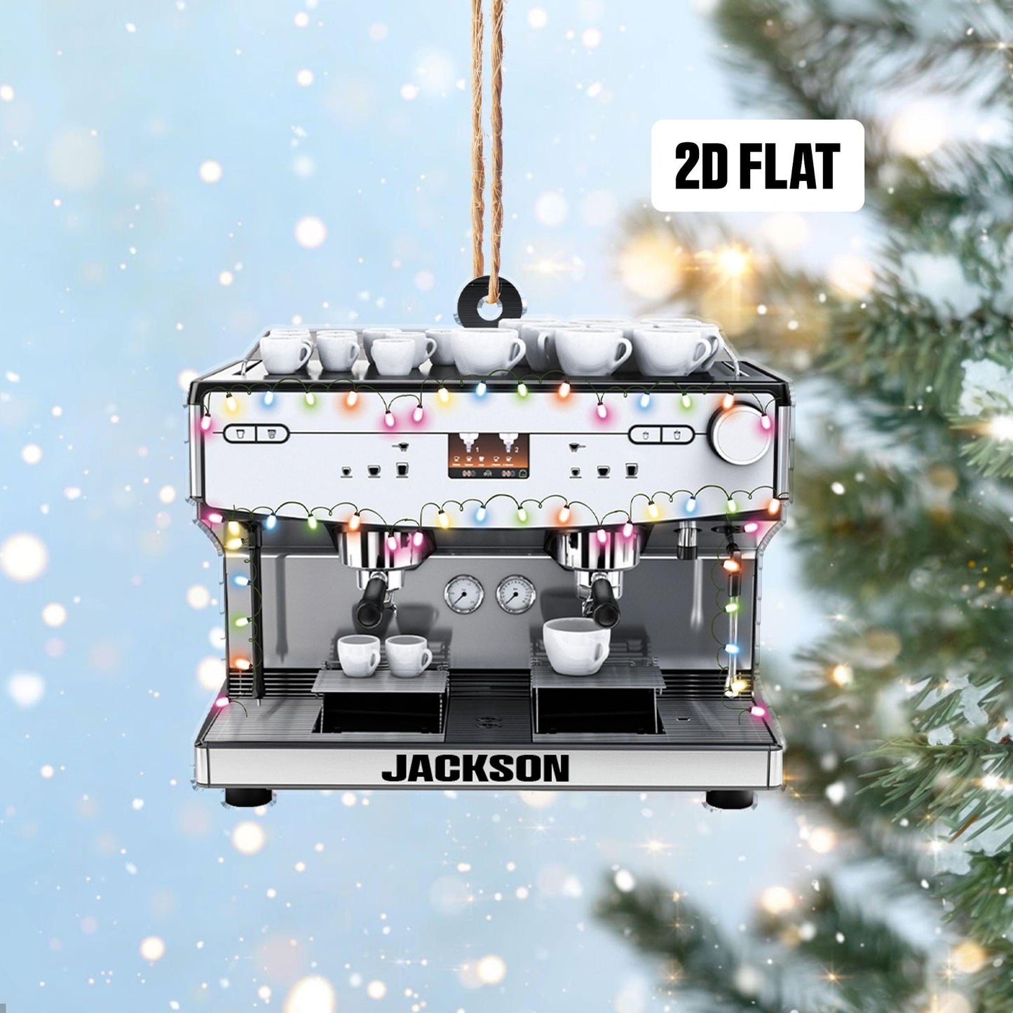 Personalized Coffee Machine 2D Flat Ornament, Custom Name Christmas Tree Ornament, Barista Christmas Ornament, Gift for Coffee Lover