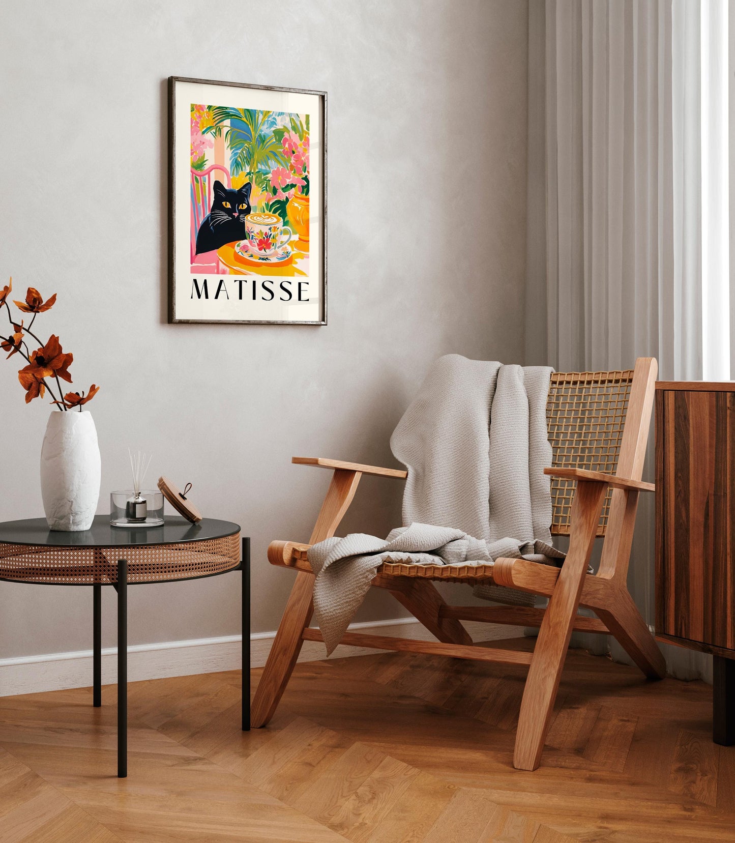 Black Cat Drinking Coffee: Funny Matisse Style Kitchen Art Print
