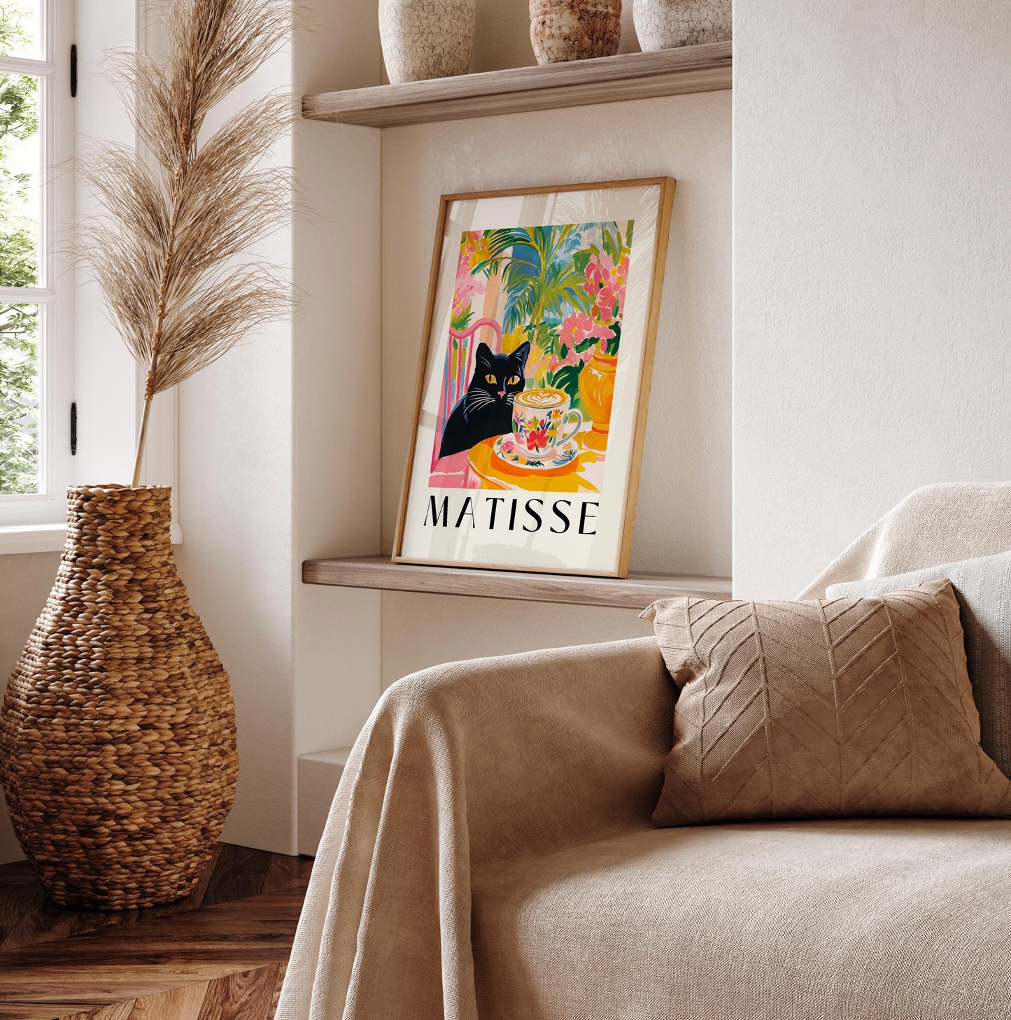 Black Cat Drinking Coffee: Funny Matisse Style Kitchen Art Print