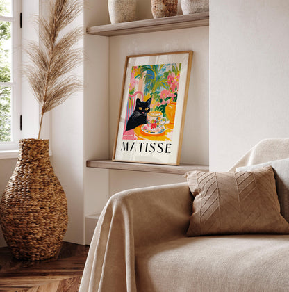 Black Cat Drinking Coffee: Funny Matisse Style Kitchen Art Print