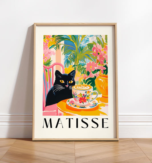 Black Cat Drinking Coffee: Funny Matisse Style Kitchen Art Print