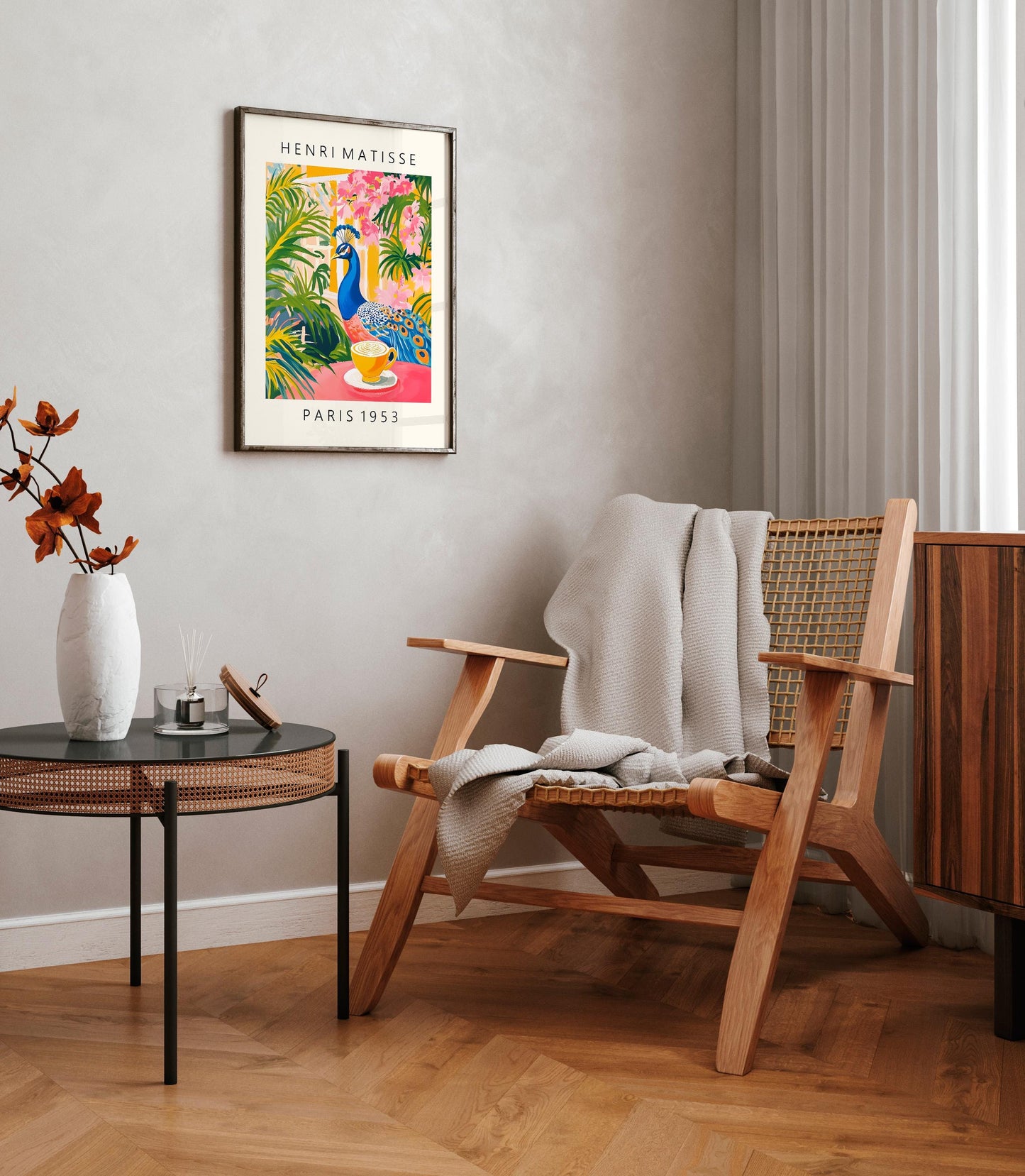 Peacock Coffee Print: Matisse Style Bird Art, Pink Kitchen Decor