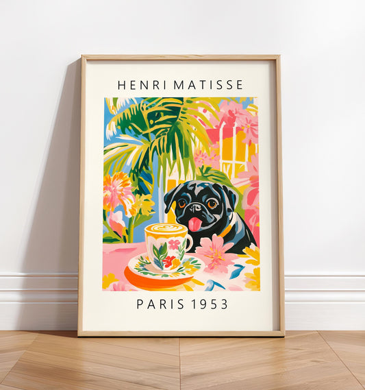Black Pug Coffee Print: Henri Matisse Style Kitchen Art