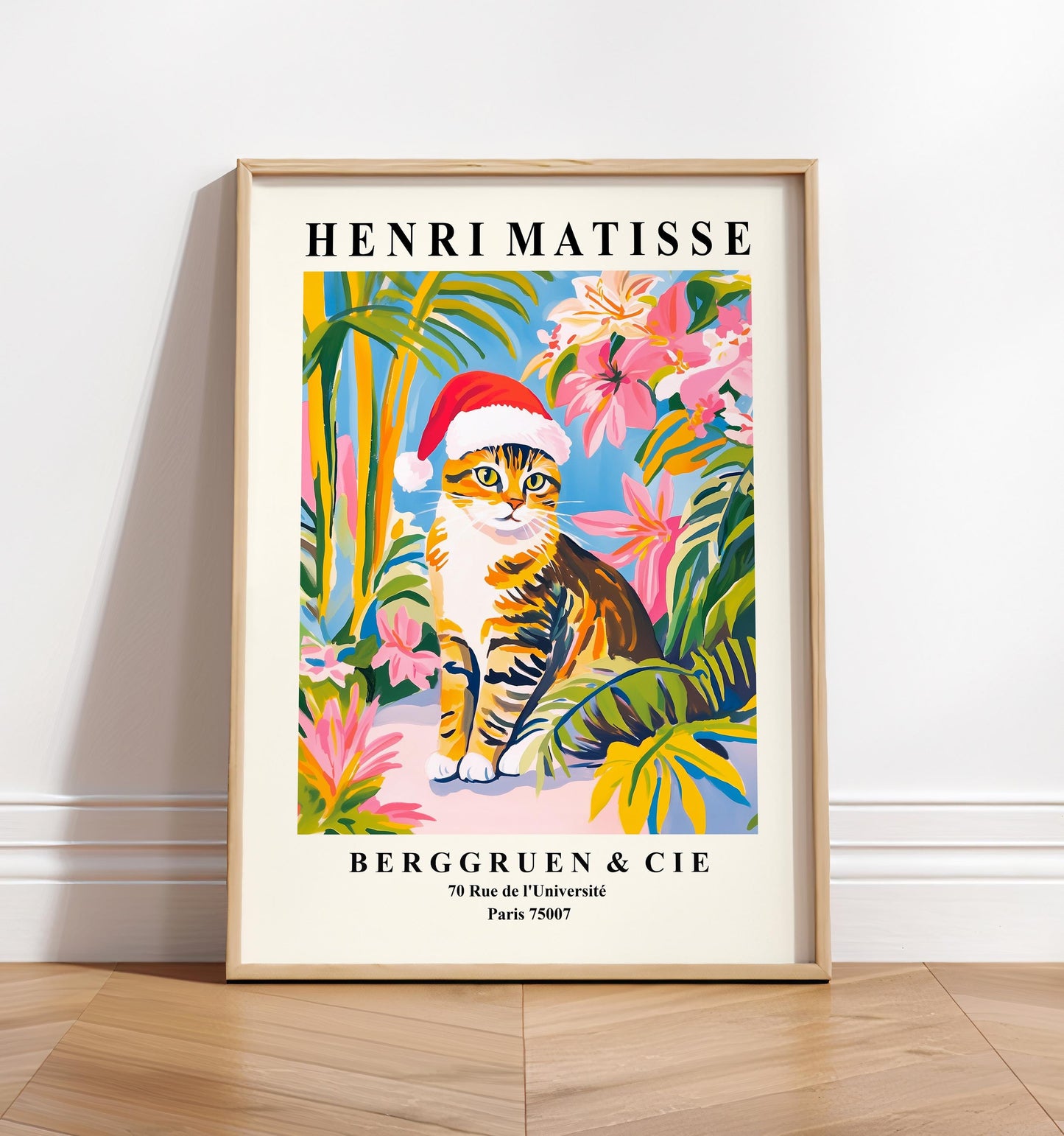 Matisse Cat Print: Grey Tabby in Santa Hat, Christmas Decor