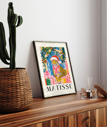 Matisse Style Leopard Christmas Print: Funny Santa Hat Wall Art