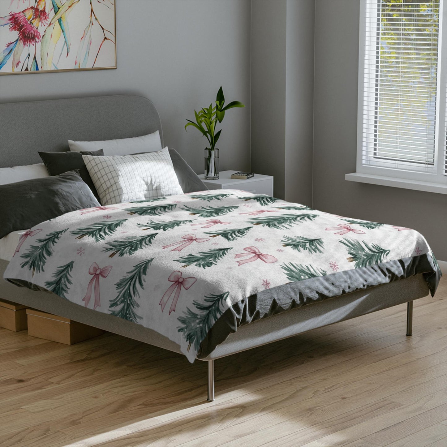 Coquette Pink Bow Christmas Blanket Christmas Tree Fleece Throw Pink Bows Holiday Bedding Christmas Gift for Family Friends Host Coworker