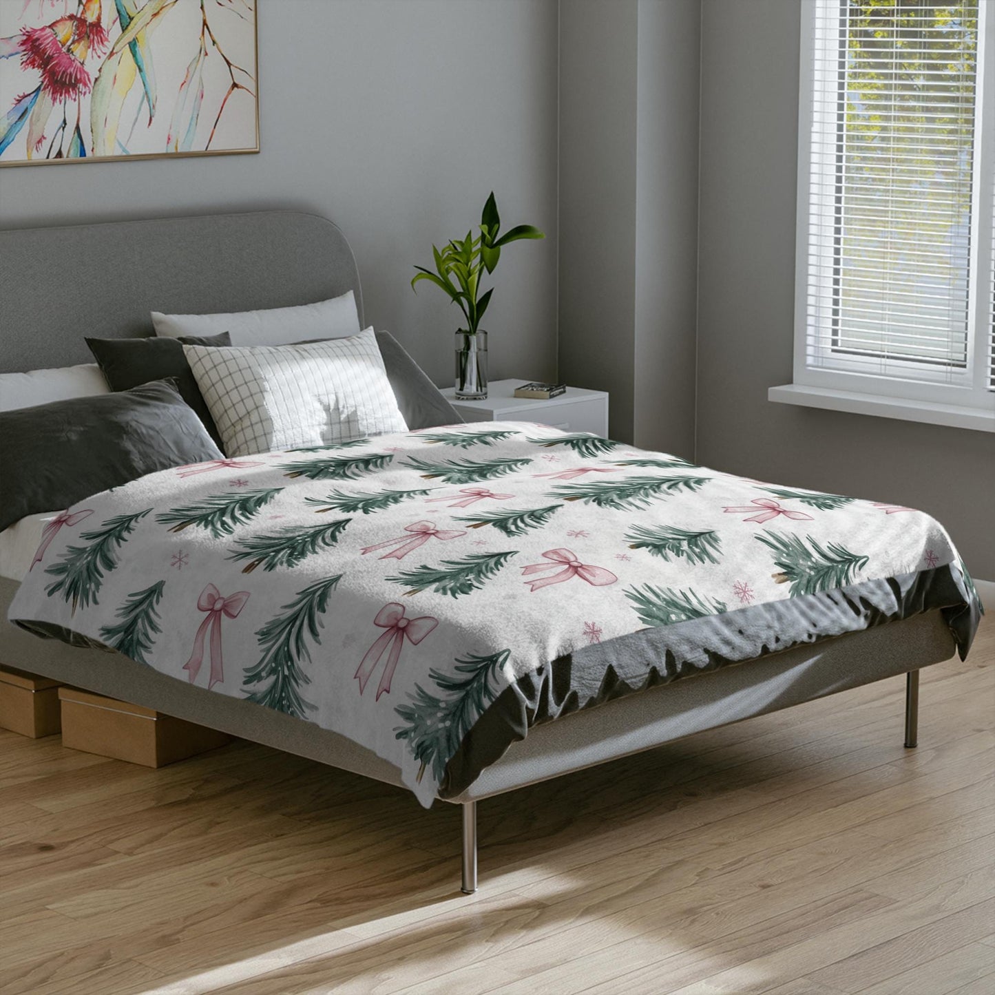 Coquette Pink Bow Christmas Blanket Christmas Tree Fleece Throw Pink Bows Holiday Bedding Christmas Gift for Family Friends Host Coworker