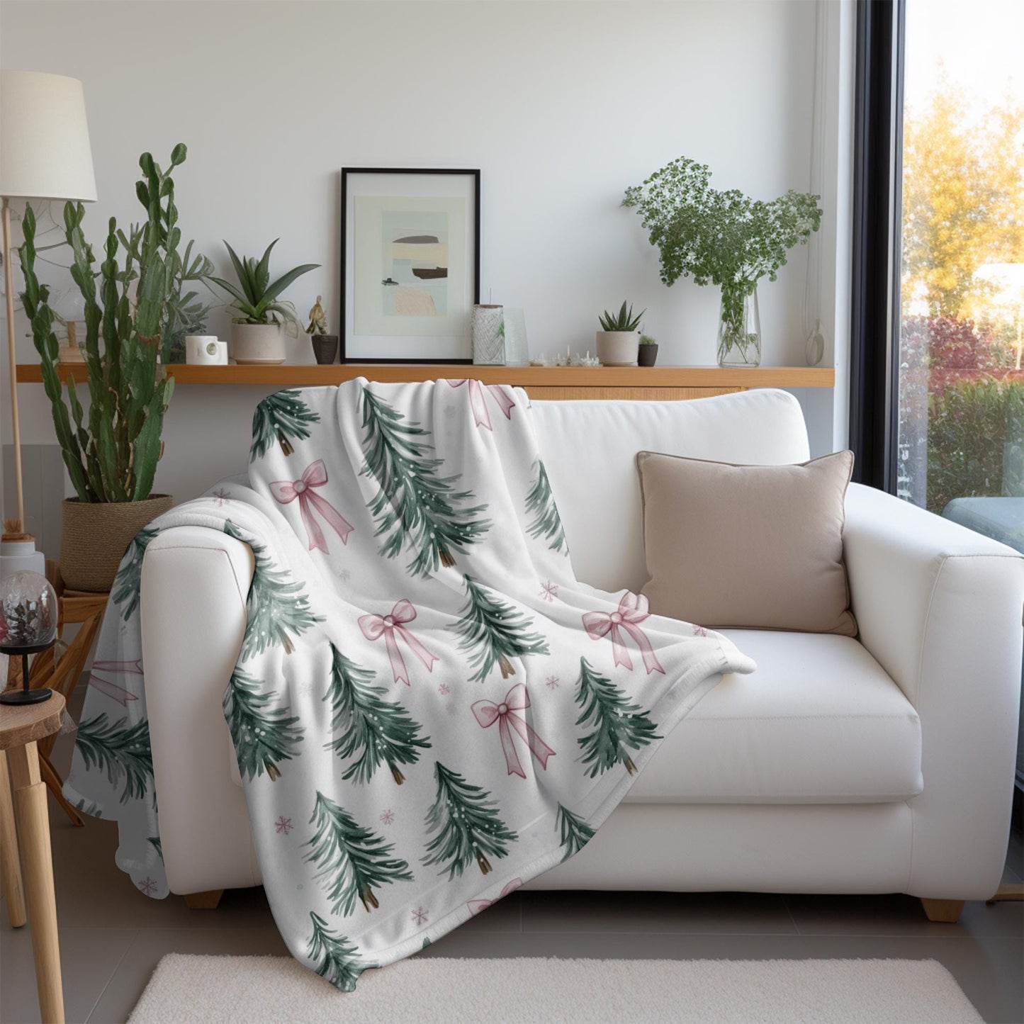 Coquette Pink Bow Christmas Blanket Christmas Tree Fleece Throw Pink Bows Holiday Bedding Christmas Gift for Family Friends Host Coworker