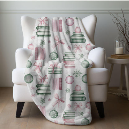 Coquette Book Lovers Blanket Pink Bow Christmas Fleece Throw Bookish Coquette Holiday Reading Blanket Christmas Gift Ideas for Book Worms