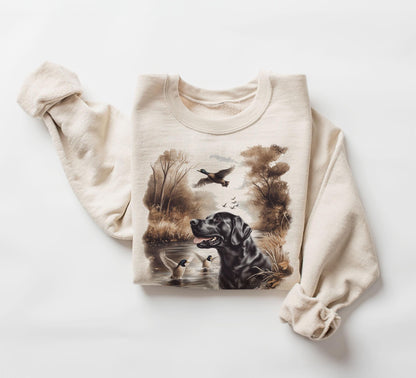 Retro Black Lab Mallard Ducks Sweatshirt - Nineties 90s Vintage Labrador Retriever Hunting Duck Outfit - Boho Unisex Crewneck Sweatshirt