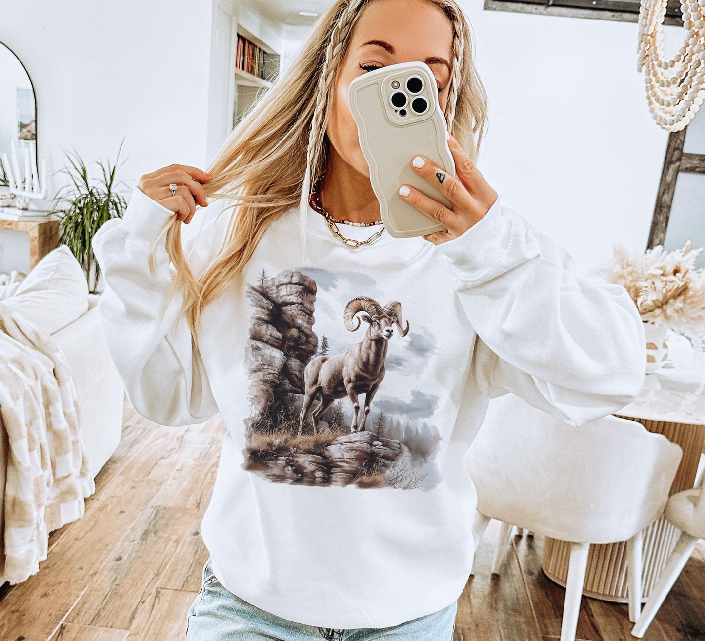 Retro Big Horn Sheep Cliff Scene Sweatshirt - 90s North American Animals Canyon Wilderness Scene - Boho Unisex Crewneck Sweatshirt