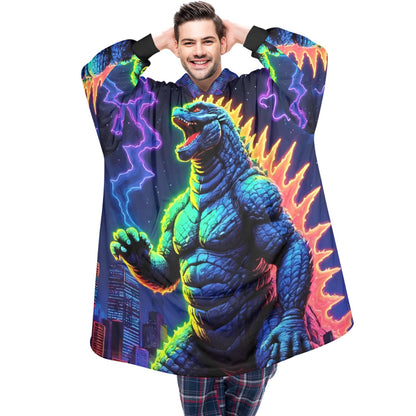 Godzilla Blanket Hoodie Retro Kaiju Neon Art Personalized Fleece