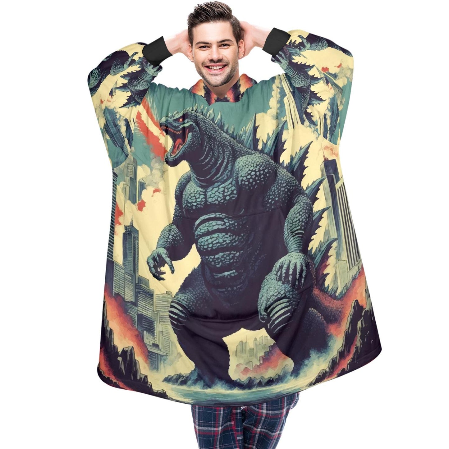 Godzilla Blanket Hoodie Retro Comic Kaiju Fleece Lounger