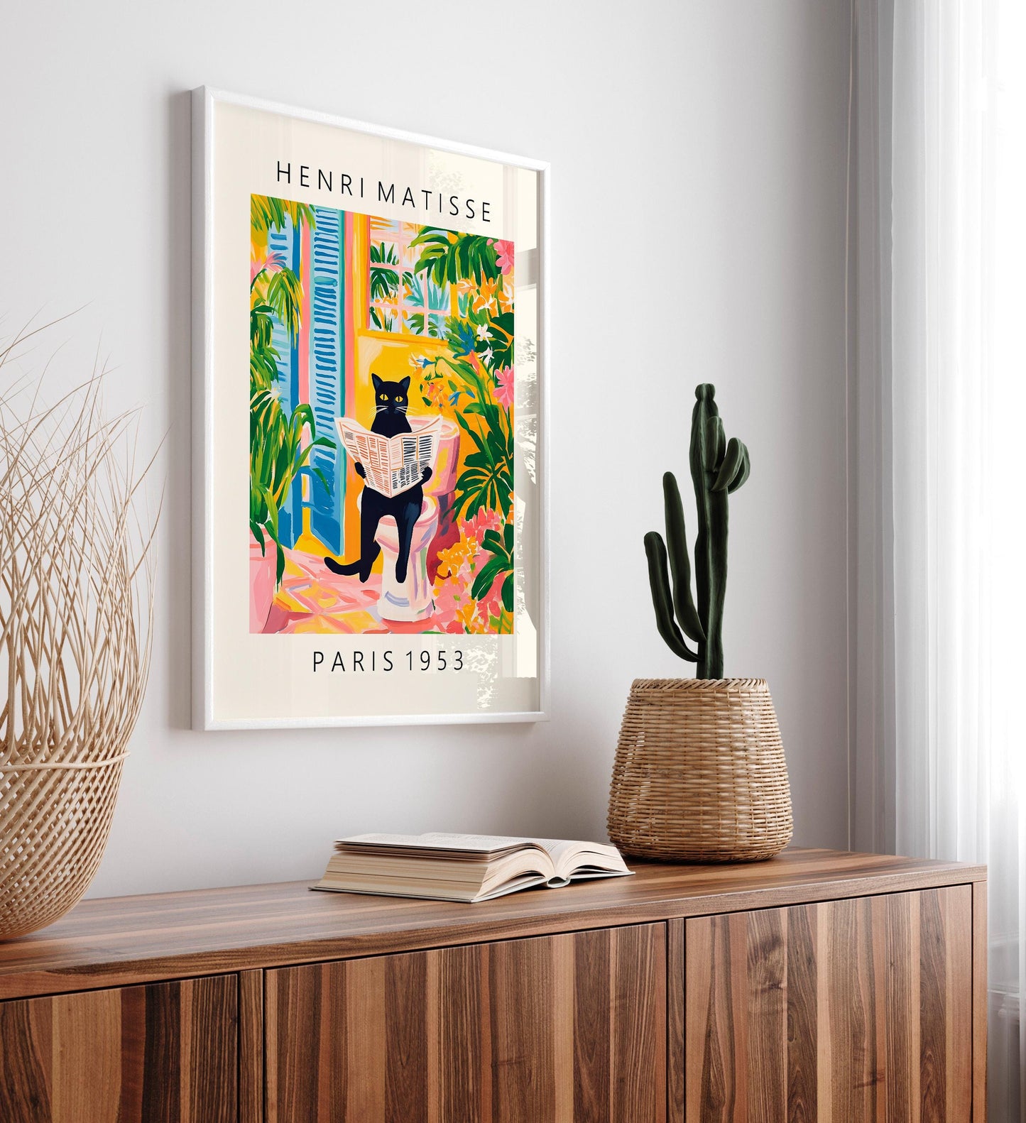 Black Cat on Toilet: Mattise Style Bathroom Print, Funny Tropical Decor