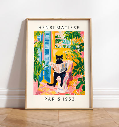 Black Cat on Toilet: Mattise Style Bathroom Print, Funny Tropical Decor
