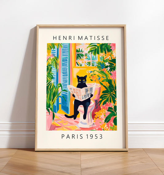 Black Cat on Toilet: Mattise Style Bathroom Print, Funny Tropical Decor