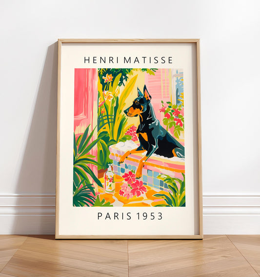 Doberman in Bathtub Art Print: Funny Dog Bathroom Poster