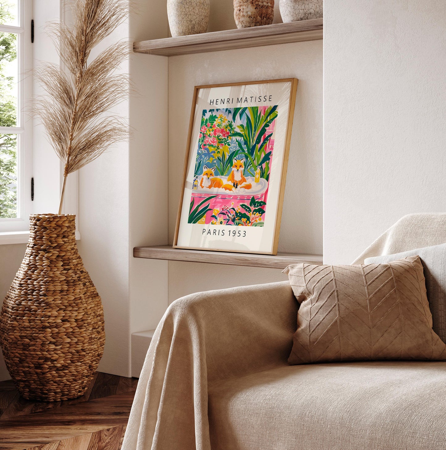 Foxes in Bathtub Art Print: Funny Bathroom Decor in Matisse Style
