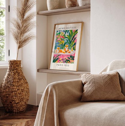 Foxes in Bathtub Art Print: Funny Bathroom Decor in Matisse Style