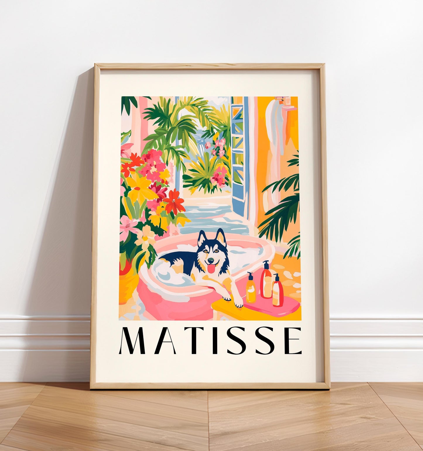 Husky in Bathtub Art Print: Matisse Style Bathroom Decor