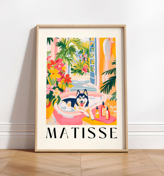 Husky in Bathtub Art Print: Matisse Style Bathroom Decor
