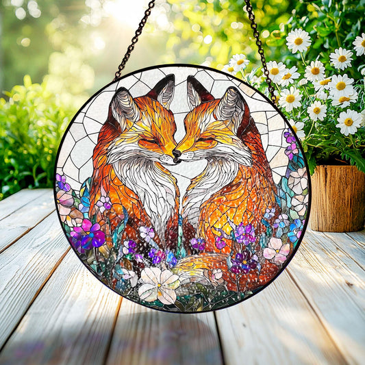 Fox Couple Stained Glass SunCatcher, Fox Lovers Gift, Couple Gift, Wedding Gift, Fox Suncatcher Ornament, Farmhouse decor, Glass Animals Art