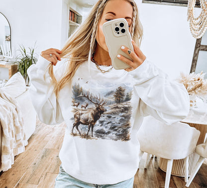Retro Bull Elk Wilderness Scene Sweatshirt - Nineties Vintage Elk Nature Outfit - Boho Unisex Crewneck Sweatshirt