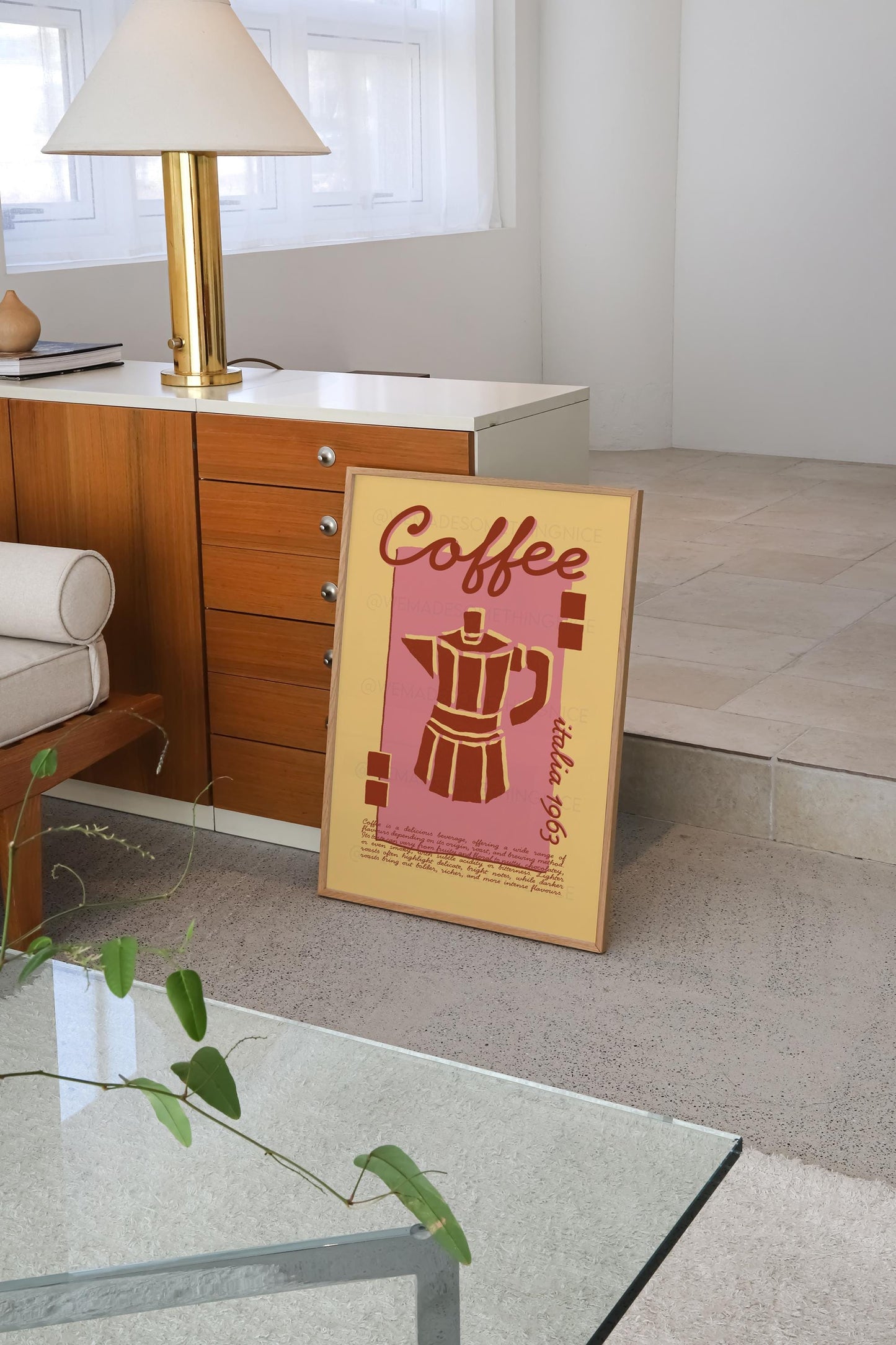 Coffee Poster, Kitchen Art, Kitchen Poster, Kitchen Print, Moka Pot, Modern Kitchen Decor, Retro Poster, Exhibition Poster, Pink Wall Art