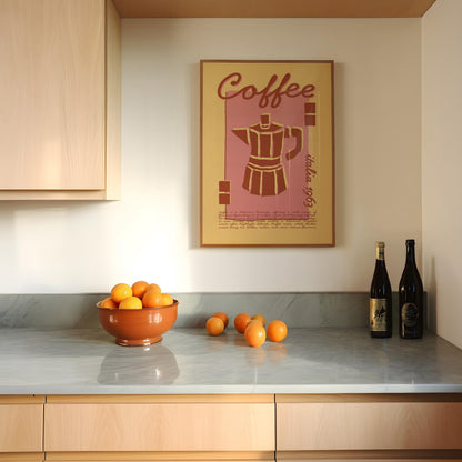 Coffee Poster, Kitchen Art, Kitchen Poster, Kitchen Print, Moka Pot, Modern Kitchen Decor, Retro Poster, Exhibition Poster, Pink Wall Art