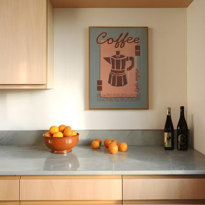 Coffee Poster, Kitchen Art, Kitchen Poster, Kitchen Print, Moka Pot, Modern Kitchen Decor, Retro Poster, Exhibition Poster, Blue Wall Art
