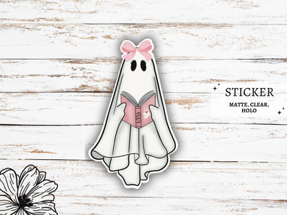 Cute Ghost Reading Sticker | Ghost with Book | Ghost Vinyl Sticker | Ghost Decals | Girly Stickers | Halloween Stickers | Coquette Ghost