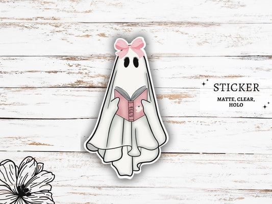 Cute Ghost Reading Sticker | Ghost with Book | Ghost Vinyl Sticker | Ghost Decals | Girly Stickers | Halloween Stickers | Coquette Ghost