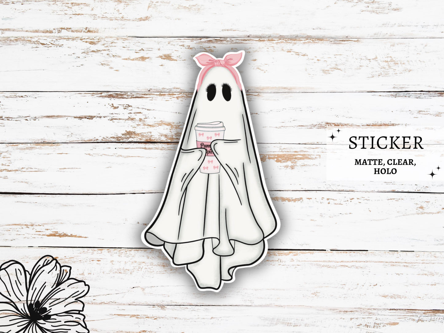 Cute Ghost Coffee Sticker | Ghost with Coffee | Ghost Vinyl Sticker | Ghost Decals | Girly Stickers | Halloween Stickers | Coquette Ghost