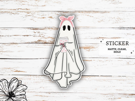 Cute Ghost Coffee Sticker | Ghost with Coffee | Ghost Vinyl Sticker | Ghost Decals | Girly Stickers | Halloween Stickers | Coquette Ghost