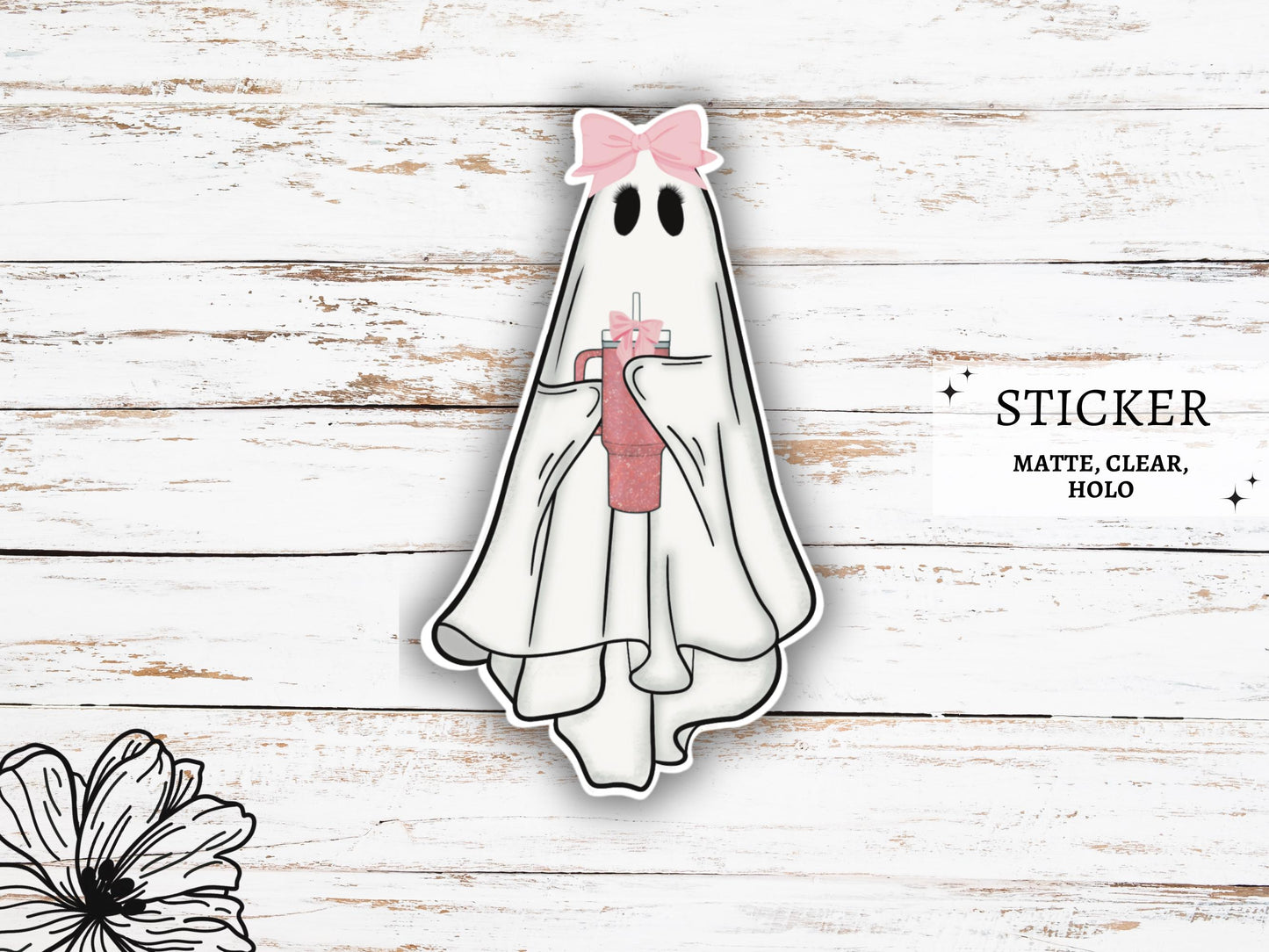 Cute Ghost Coffee Sticker | Ghost with Coffee | Ghost Vinyl Sticker | Ghost Decals | Girly Stickers | Halloween Stickers | Coquette Ghost